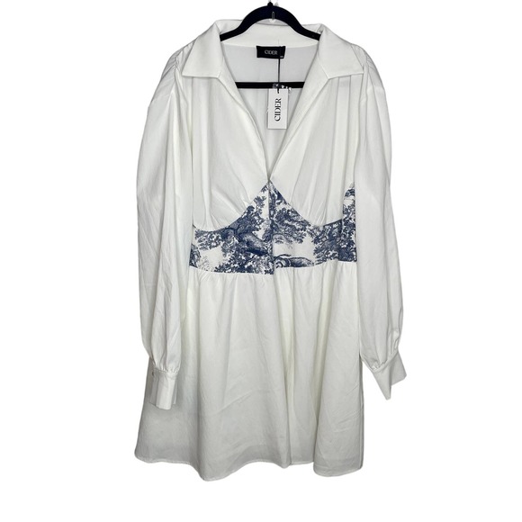 Cider Dresses Nwt Cider White Blue Long Sleeve Collared Boho Hippy
